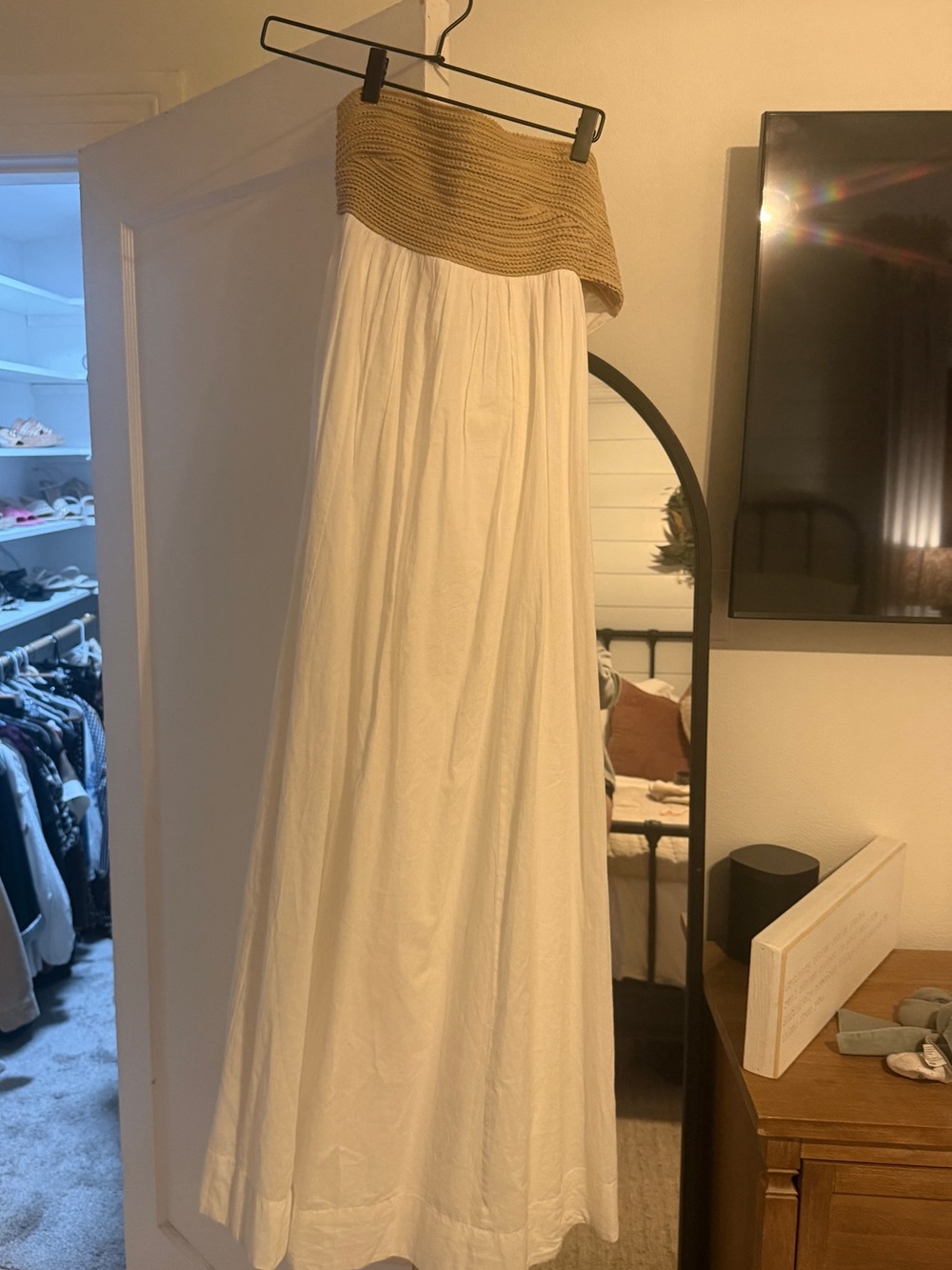 Show Me Your MuMu White Maxi Dress with Tan Smocked Waist